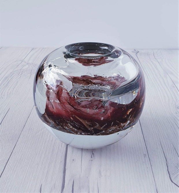 AnyesAttic Glass 1982 Udo Edelmann, Hand Blown 'Lava Ocean' Melted Layers Art Glass Ball Vase - Signed, West German