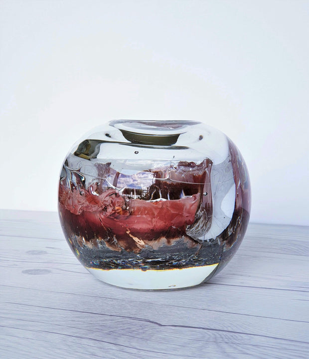 AnyesAttic Glass 1982 Udo Edelmann, Hand Blown 'Lava Ocean' Melted Layers Art Glass Ball Vase - Signed, West German