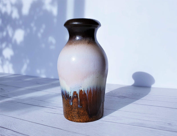 AnyesAttic Ceramic 70s West German Pottery Scheurich, Chestnut Marble, Pale Blue, Latte Drip Glaze Ceramic Bottle Vase