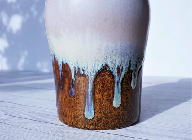 AnyesAttic Ceramic 70s West German Pottery Scheurich, Chestnut Marble, Pale Blue, Latte Drip Glaze Ceramic Bottle Vase