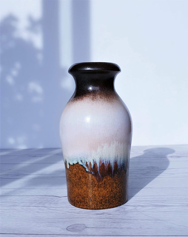 AnyesAttic Ceramic 70s West German Pottery Scheurich, Chestnut Marble, Pale Blue, Latte Drip Glaze Ceramic Bottle Vase