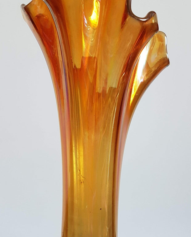 American Imperial Glass Glass 1920s Antique American Imperial Carnival Glass Iridescent Marigold Orange Freefold, Star Base Vase