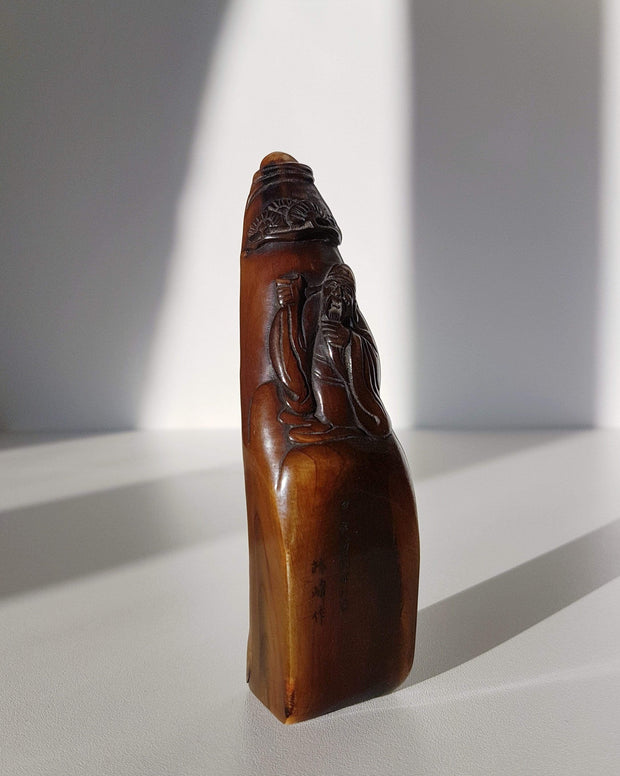 Asian Art Curio Antique 1884 Chinese Guangxu Dynasty Ox Horn Seal and Carving of Wise Sage by Línfēng (林峰)