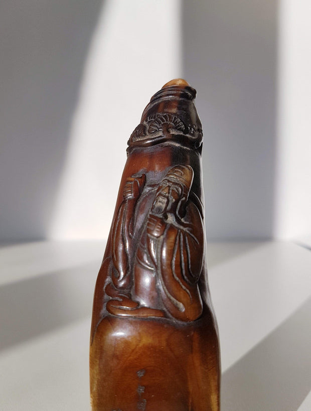 Asian Art Curio Antique 1884 Chinese Guangxu Dynasty Ox Horn Seal and Carving of Wise Sage by Línfēng (林峰)