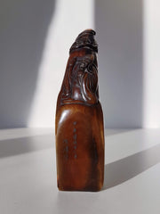 Asian Art Curio Antique 1884 Chinese Guangxu Dynasty Ox Horn Seal and Carving of Wise Sage by Línfēng (林峰)