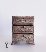 European Storage Antique European Japonisme / Japonism Copper and Wood, Sakura Relief Lockable Mini Chest of Drawers