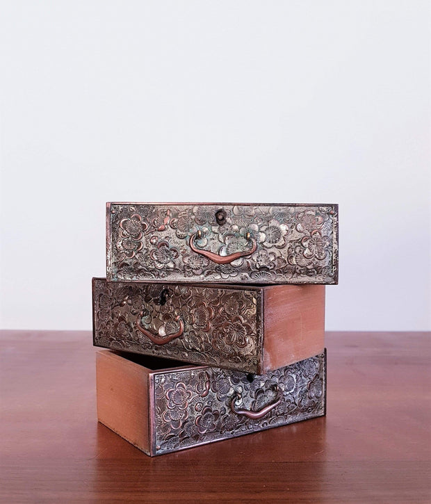 European Storage Antique European Japonisme / Japonism Copper and Wood, Sakura Relief Lockable Mini Chest of Drawers