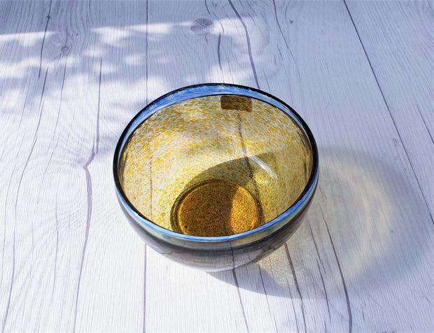 AnyesAttic Glass Bertil Vallien for (Kosta) Boda, Antikva Series, Blue and Yellow Frit Art Glass Bowl, 1970s - 80s