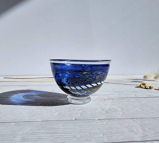 Kosta Boda Glass Glass Bertil Vallien for Kosta Boda Satellites Series, Blue Iridescent Art Glass Bowl, 1992, Sweden