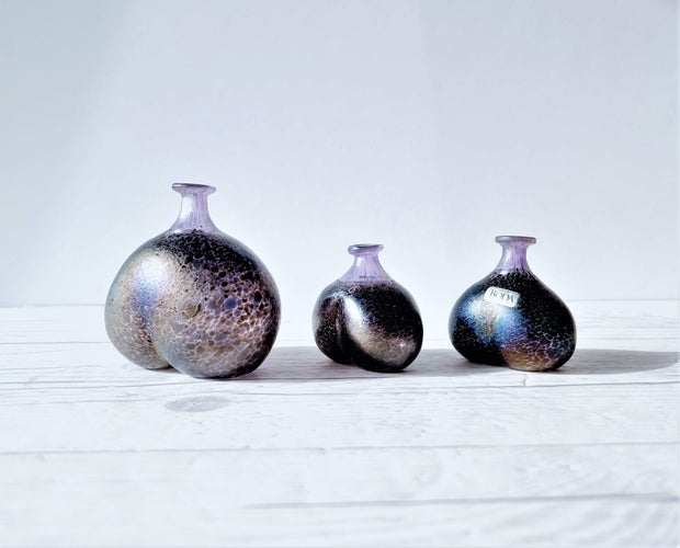 Kosta Boda Glass Glass Bertil Vallien for Kosta Boda Volcano Series, Trio of Iridescent Sculptural Bottle Vases, 1980s