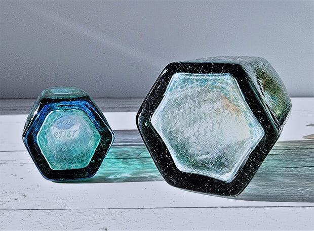 AnyesAttic Glass Bertil Vallien, (Kosta) Boda, Antikva Series, Miniature Sea-Green Geometric Bottle Vases Duo, 1970s