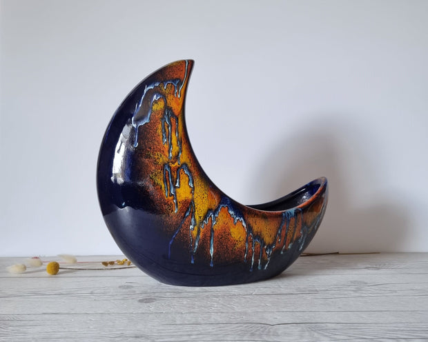 Bertoncello Ceramiche Ceramic Bertoncello, Azure Blue, Midnight Fire Palette Glaze, Modernist Crescent Moon Planter Vase, 60s-80s