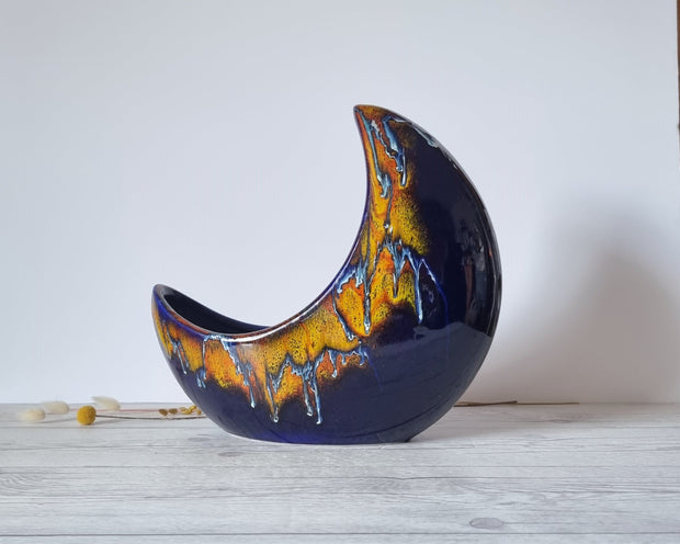 Bertoncello Ceramiche Ceramic Bertoncello, Azure Blue, Midnight Fire Palette Glaze, Modernist Crescent Moon Planter Vase, 60s-80s