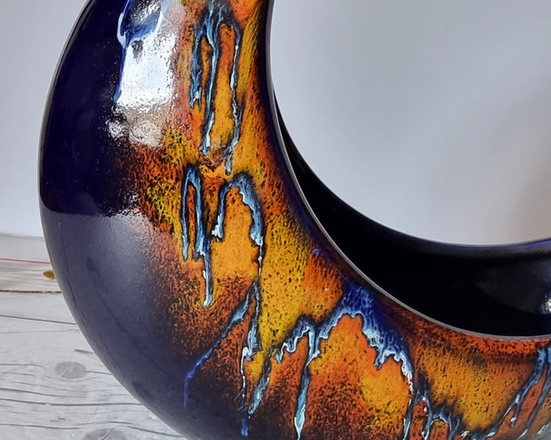 Bertoncello Ceramiche Ceramic Bertoncello, Azure Blue, Midnight Fire Palette Glaze, Modernist Crescent Moon Planter Vase, 60s-80s