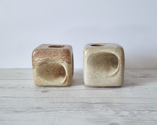 Bertoncello Ceramiche Ceramic Bertoncello Ceramiche, Pair of Screziato Havana Cream  Leather Glaze Cube Vases, 1960s-70s, Italian