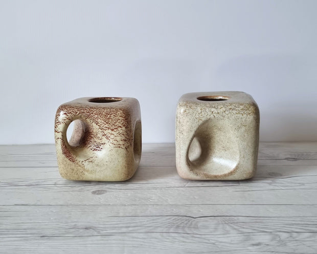 Bertoncello Ceramiche Ceramic Bertoncello Ceramiche, Pair of Screziato Havana Cream  Leather Glaze Cube Vases, 1960s-70s, Italian