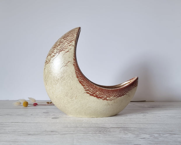 Bertoncello Ceramiche Ceramic Bertoncello, Screziato Havana Cream and Sienna Glaze, Modernist Crescent Moon Planter Vase, 60s-80s