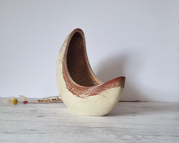 Bertoncello Ceramiche Ceramic Bertoncello, Screziato Havana Cream and Sienna Glaze, Modernist Crescent Moon Planter Vase, 60s-80s