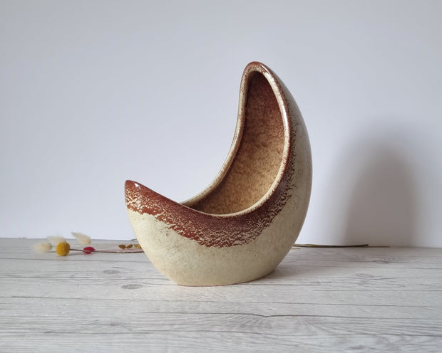 Bertoncello Ceramiche Ceramic Bertoncello, Screziato Havana Cream and Sienna Glaze, Modernist Crescent Moon Planter Vase, 60s-80s