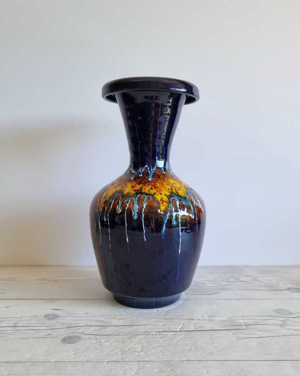 Bertoncello Ceramiche Ceramic Bertoncello, Trailed Glaze in Midnight Fire Palette, Sculptural Baluster Vase, Italian, 1970s