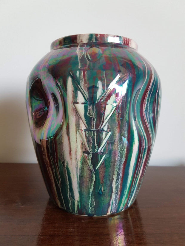 Beswick Pottery Ceramic 1970s British Beswick, Pair of Art Deco Rare Iridescent Dripware Ruskin Style Dimple Vases (Nr. 70)