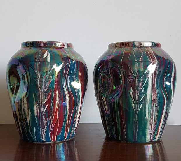 Beswick Pottery Ceramic 1970s British Beswick, Pair of Art Deco Rare Iridescent Dripware Ruskin Style Dimple Vases (Nr. 70)