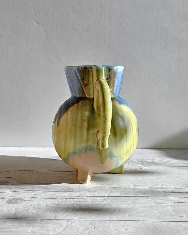 Beswick Pottery Ceramic Beswick Pottery, Clarice Cliff Era, Art Deco Footed Jug Vase, Cobalt, Flax and Sienna Drip Glaze