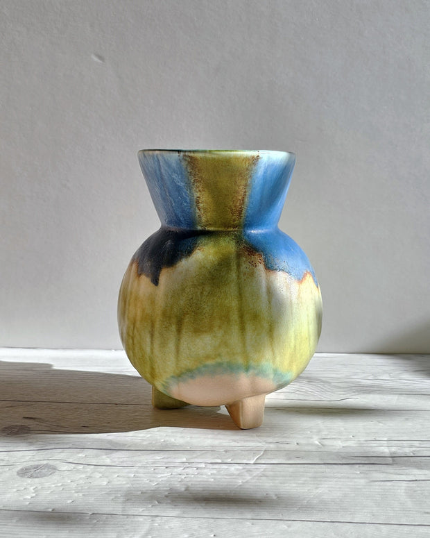 Beswick Pottery Ceramic Beswick Pottery, Clarice Cliff Era, Art Deco Footed Jug Vase, Cobalt, Flax and Sienna Drip Glaze