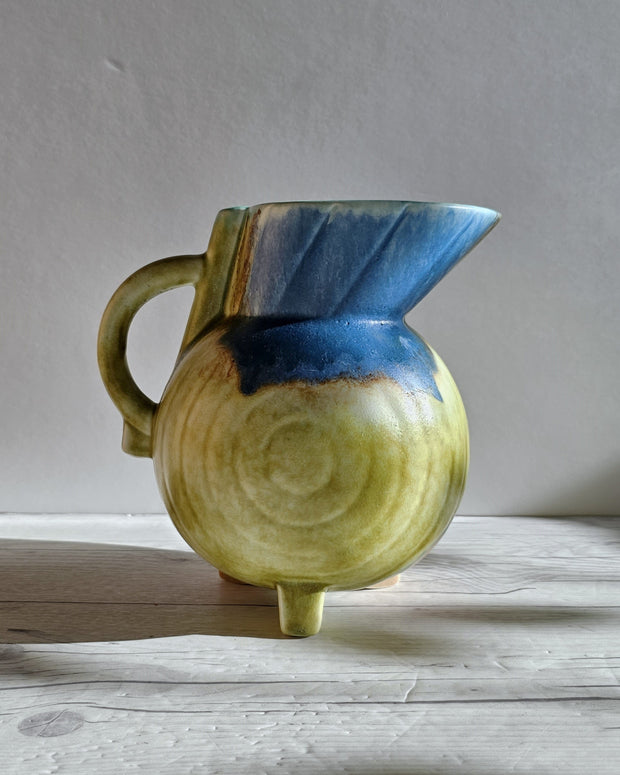 Beswick Pottery Ceramic Beswick Pottery, Clarice Cliff Era, Art Deco Footed Jug Vase, Cobalt, Flax and Sienna Drip Glaze