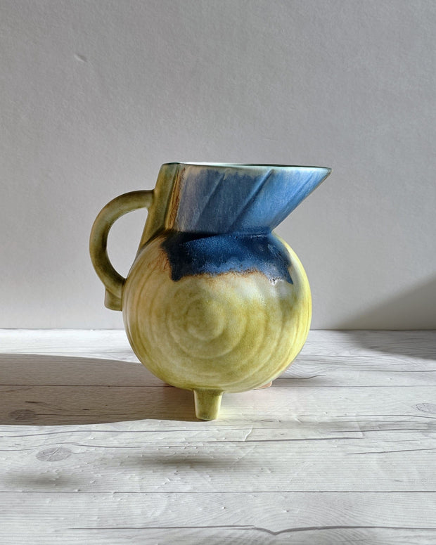 Beswick Pottery Ceramic Beswick Pottery, Clarice Cliff Era, Art Deco Footed Jug Vase, Cobalt, Flax and Sienna Drip Glaze