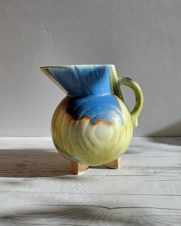 Beswick Pottery Ceramic Beswick Pottery, Clarice Cliff Era, Art Deco Footed Jug Vase, Cobalt, Flax and Sienna Drip Glaze