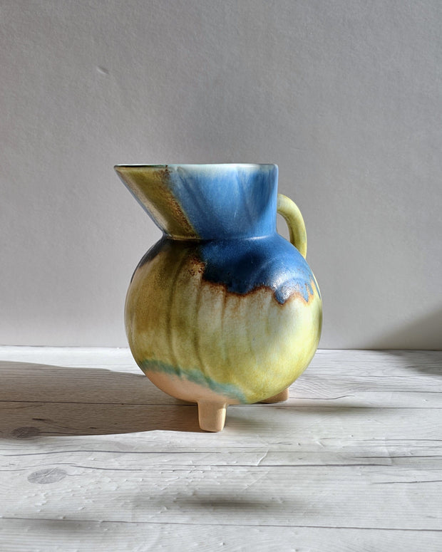 Beswick Pottery Ceramic Beswick Pottery, Clarice Cliff Era, Art Deco Footed Jug Vase, Cobalt, Flax and Sienna Drip Glaze