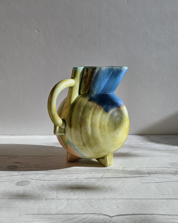 Beswick Pottery Ceramic Beswick Pottery, Clarice Cliff Era, Art Deco Footed Jug Vase, Cobalt, Flax and Sienna Drip Glaze