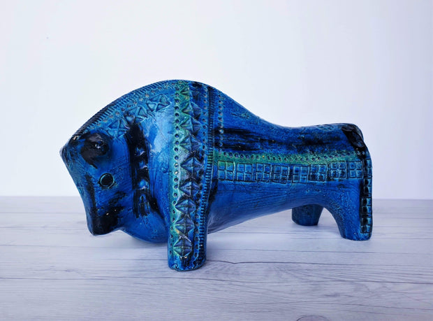 AnyesAttic Ceramic Bitossi by Aldo Londi 1960s Rimini Blu Series, Modernist Persiano Blue Glaze Bull Sculpture, Italian