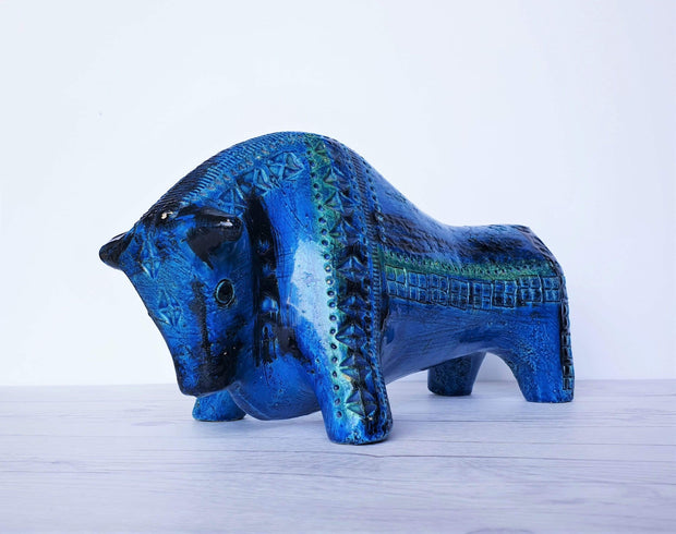 AnyesAttic Ceramic Bitossi by Aldo Londi 1960s Rimini Blu Series, Modernist Persiano Blue Glaze Bull Sculpture, Italian