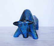 AnyesAttic Ceramic Bitossi by Aldo Londi 1960s Rimini Blu Series, Modernist Persiano Blue Glaze Bull Sculpture, Italian