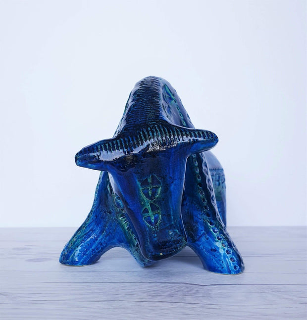 Bitossi Ceramiche Ceramic c.1965 Italian Bitossi by Aldo Londi Persiano Blue Glaze, Modernist Rimini Blu Series Bull Sculpture