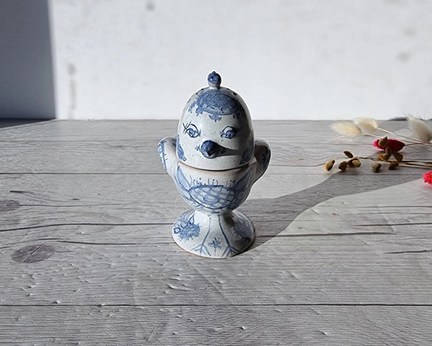 Illums Bolighus Porcelain Bjorn Wiinblad, 1957 Blue and White Songbird Condiment Cruet, Signed, V. Early, Rare, Danish