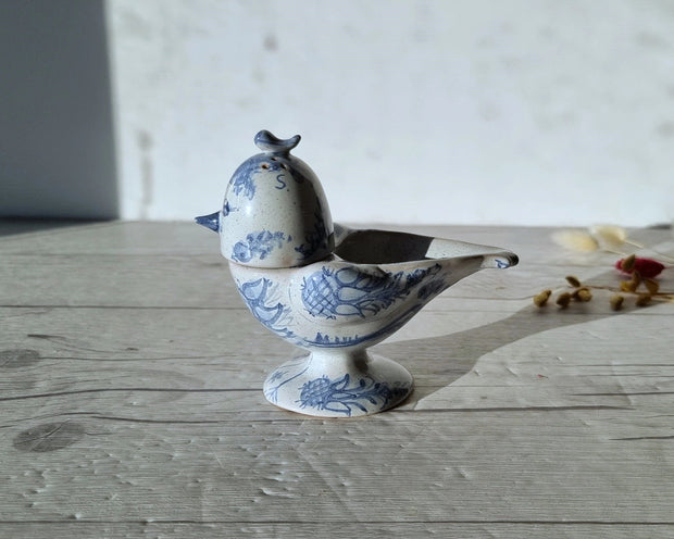 Illums Bolighus Porcelain Bjorn Wiinblad, 1957 Blue and White Songbird Condiment Cruet, Signed, V. Early, Rare, Danish