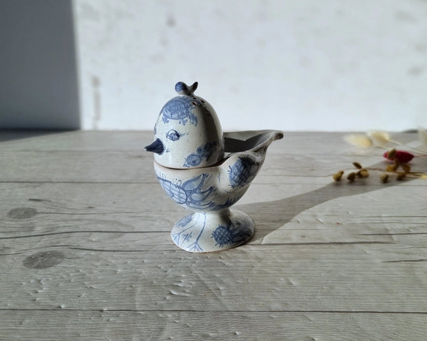 Illums Bolighus Porcelain Bjorn Wiinblad, 1957 Blue and White Songbird Condiment Cruet, Signed, V. Early, Rare, Danish