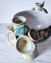 Bjorn Wiinblad Ceramic Bjorn Wiinblad 1982, Eva Series, Hand-Painted Elevated Bowl Planter with Candleholders, Danish, Rare