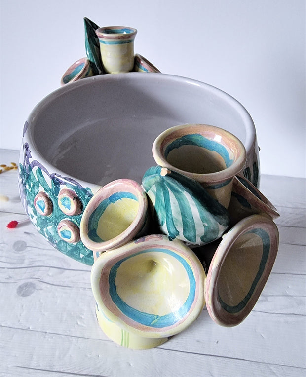 Bjorn Wiinblad Ceramic Bjorn Wiinblad 1982, Eva Series, Hand-Painted Elevated Bowl Planter with Candleholders, Danish, Rare