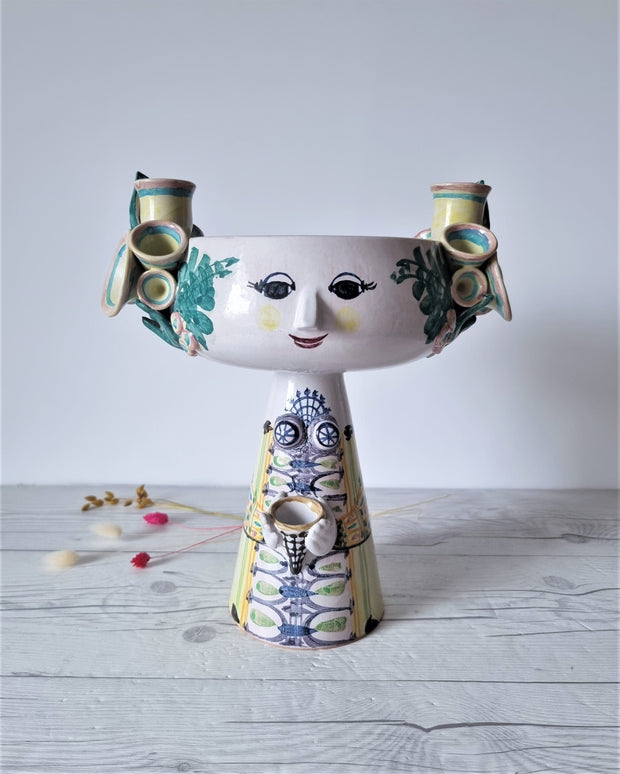 Bjorn Wiinblad Ceramic Bjorn Wiinblad 1982, Eva Series, Hand-Painted Elevated Bowl Planter with Candleholders, Danish, Rare