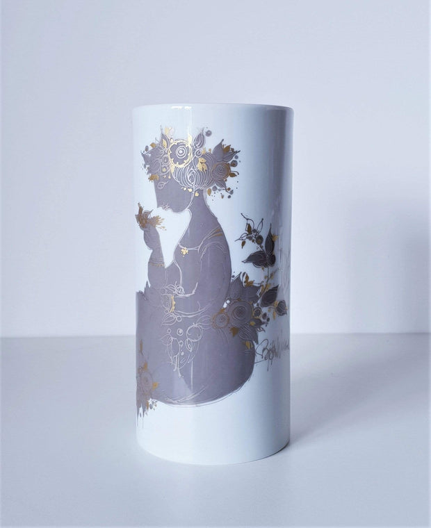 Rosenthal Porcelain Bjorn Wiinblad at Rosenthal Studio Line, Songbird in Silver and Gold Relief Cylinder Vase,1960s-70s