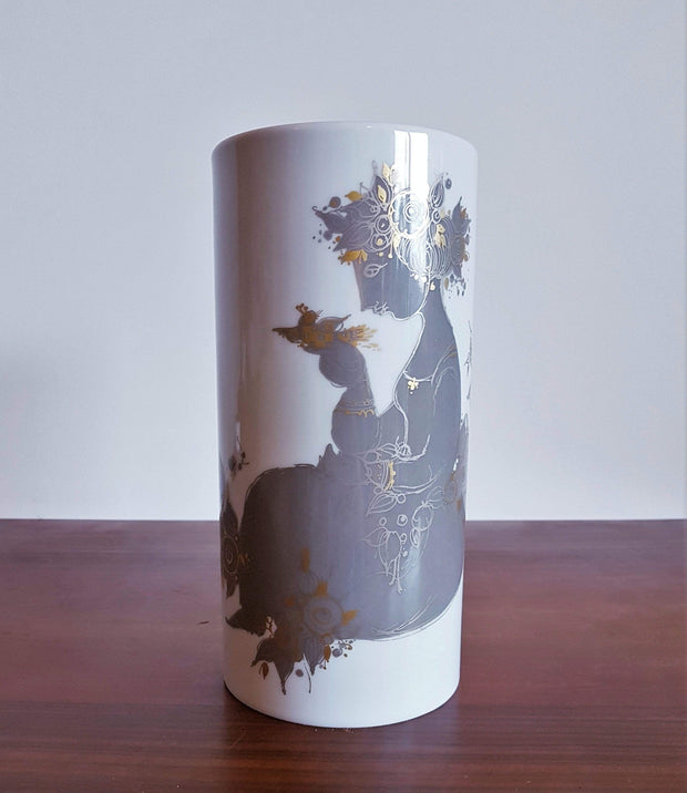 Rosenthal Porcelain Bjorn Wiinblad at Rosenthal Studio Line, Songbird in Silver and Gold Relief Cylinder Vase,1960s-70s