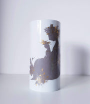 Rosenthal Porcelain Bjorn Wiinblad at Rosenthal Studio Line, Songbird in Silver and Gold Relief Cylinder Vase,1960s-70s