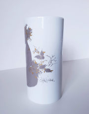 Rosenthal Porcelain Bjorn Wiinblad at Rosenthal Studio Line, Songbird in Silver and Gold Relief Cylinder Vase,1960s-70s