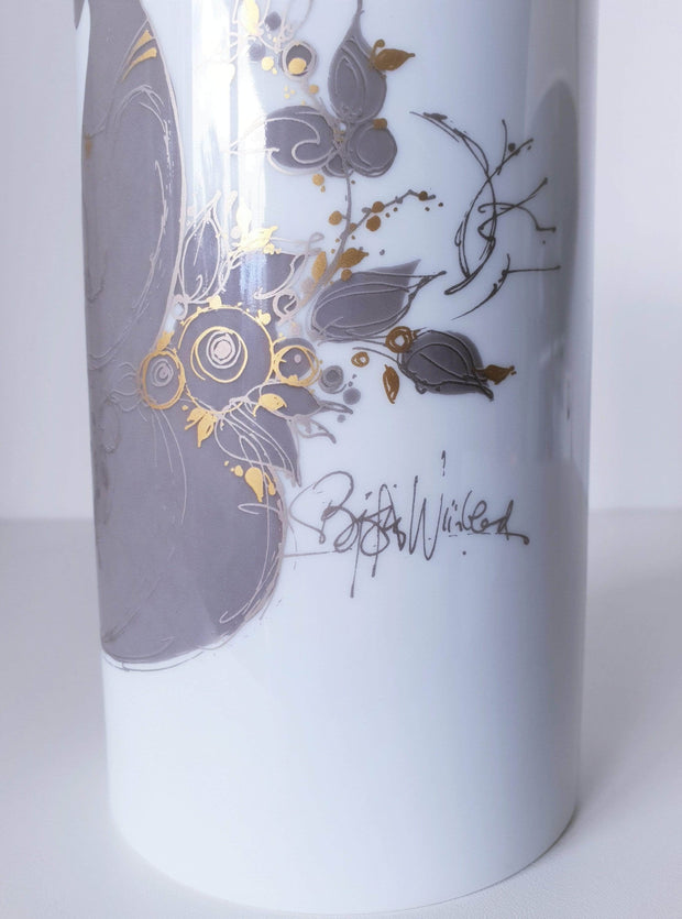 Rosenthal Porcelain Bjorn Wiinblad at Rosenthal Studio Line, Songbird in Silver and Gold Relief Cylinder Vase,1960s-70s