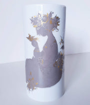 Rosenthal Porcelain Bjorn Wiinblad at Rosenthal Studio Line, Songbird in Silver and Gold Relief Cylinder Vase,1960s-70s