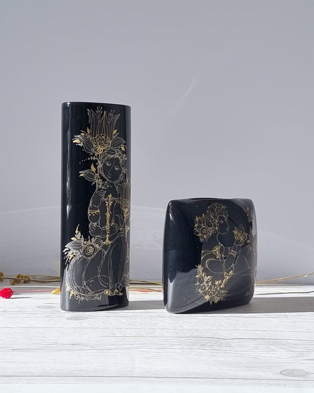 Rosenthal Porcelain Bjorn Wiinblad for Rosenthal, Duo of Samuramat Series, Porcelain Noire Gold Gilding Vases, 1970s